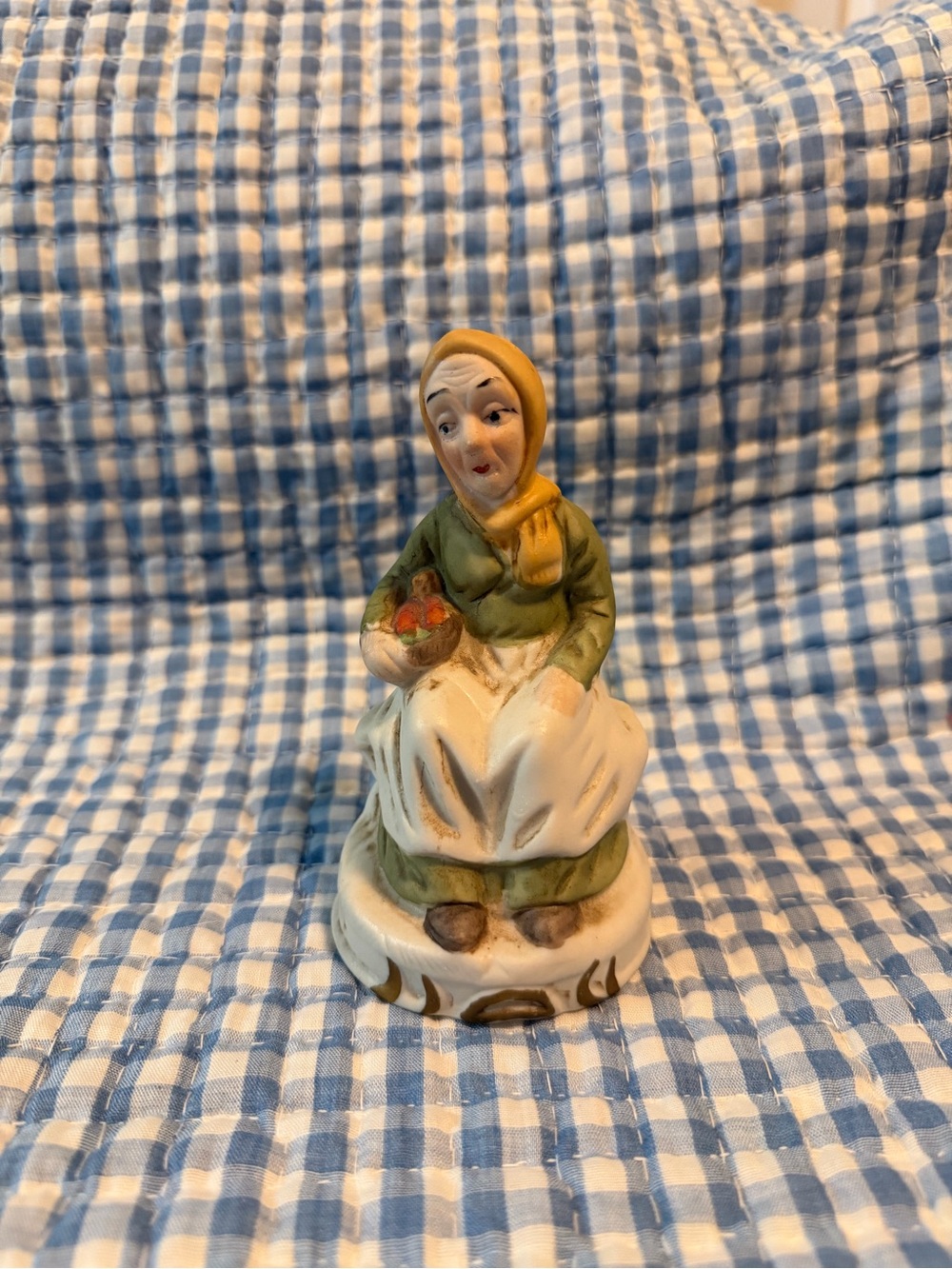 Hand Painted Ceramic Seated Woman Figurine w/ Basket, Green Yellow, 5in